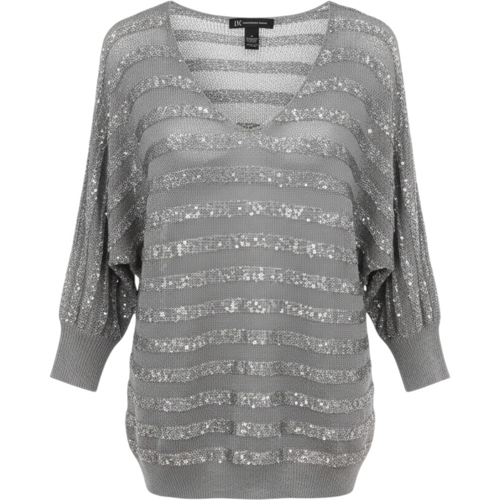 INC International Concepts Womens Silver Metallic Sequin Striped V-Neck Sweater